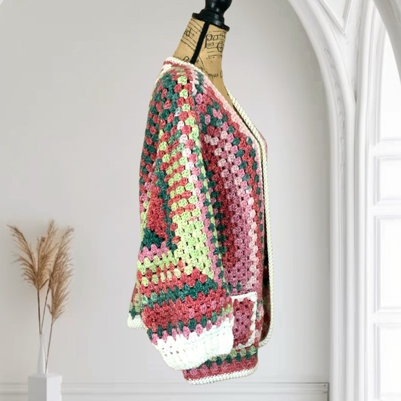 Handcrafted Crochet Granny Square Hexagon Sweater Cardigan New Open Front - Picture 5 of 12